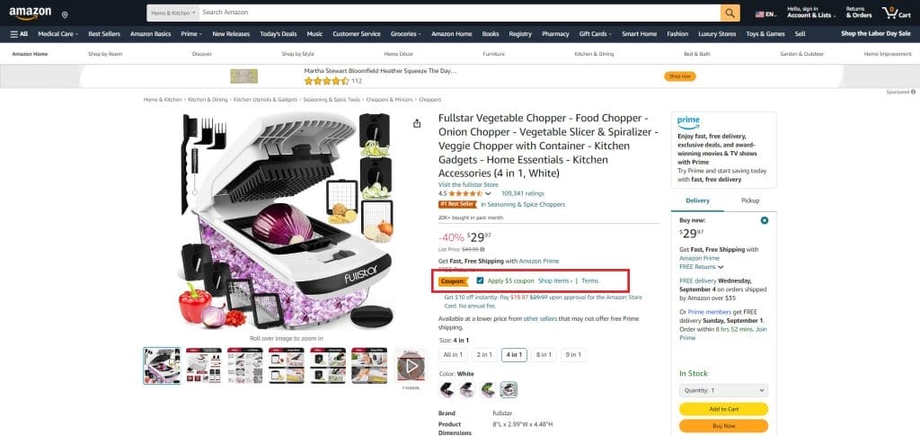 Here’s an example of an active Amazon coupon on a product detail page. 