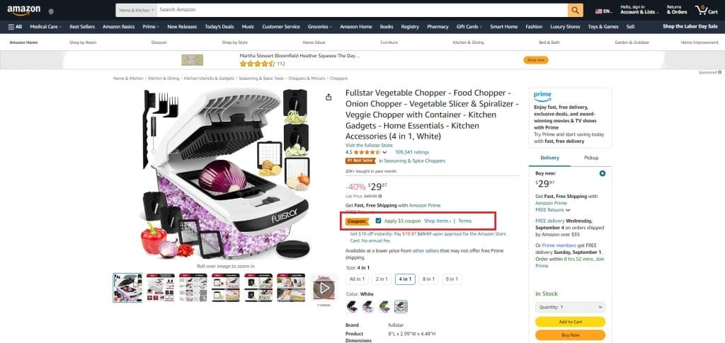 Here’s an example of an active Amazon coupon on a product detail page.