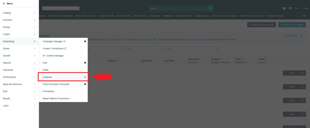 You can find the "Coupons" section on your Seller Central account underneath the "Advertising" tab.